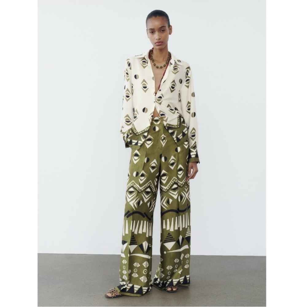 Zara Green Wide Leg Jumpsuit with Botanical Print
